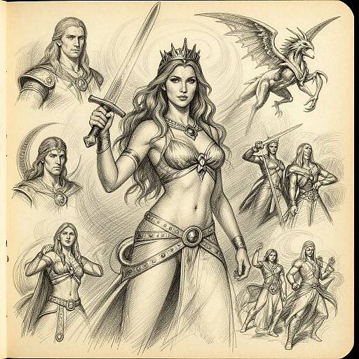 Monochrome pencil sketch of a queen with long hair, crown, and sword, surrounded by six muscular, armored men in various dynamic poses.