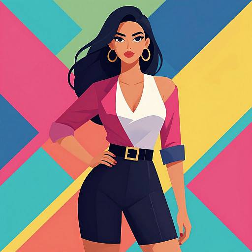 Digital illustration of a confident woman with long black hair, hoop earrings, red blouse, white V-neck, black shorts, and belt, standing against a
