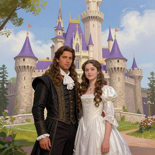 Photorealistic digital artwork of a handsome young man in black Renaissance attire and a beautiful young woman in a white ball gown, standing in front of a
