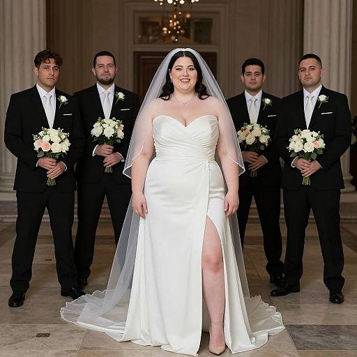Photograph of a plus-size bride in a strapless white gown with veil, flanked by four groomsmen in black suits holding bouquets,