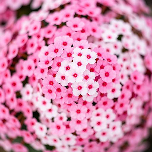 Photograph of a dense cluster of pink and white flowers with red centers, creating a radial, almost hypnotic, pattern.