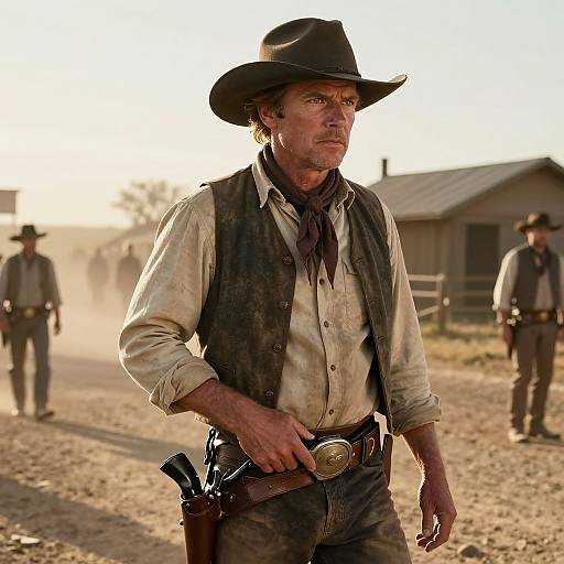 Photograph of rugged, middle-aged white man in dusty cowboy attire, black hat, holding revolver, leading two other cowboys in sunlit, dusty