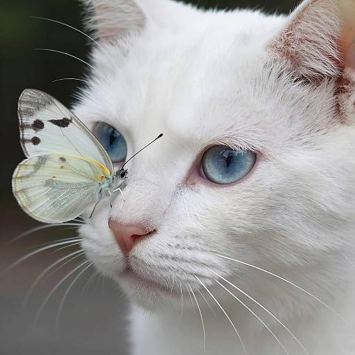 Intricate Close-Up of White Cat and Butterfly