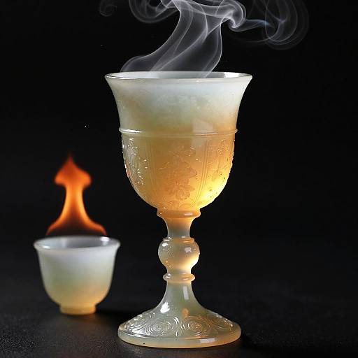 Photograph of a glowing, smoke-emanating glass cup with intricate patterns, standing beside a translucent, softly illuminated cup with a small flame, against