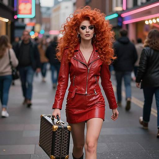 Photograph: Confident woman with vibrant red curly hair, wearing a red leather mini-dress and jacket, carries a black patterned suitcase, walks