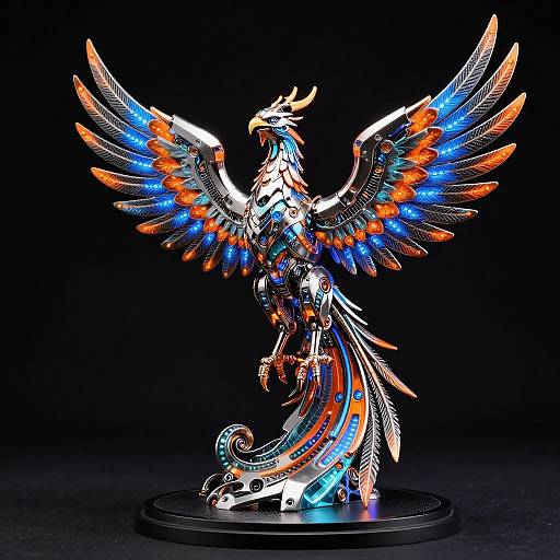 Photograph of a detailed, colorful, metallic sculpture of a phoenix with glowing blue, orange, and white feathers, standing on a black base.