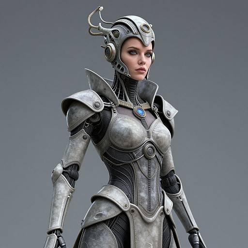 CGI image of a strong, fair-skinned woman in futuristic, metallic armor with a silver helmet featuring antler-like horns, set against a gray