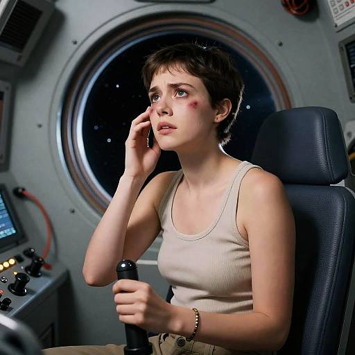 Concerned Woman in Spaceship Cockpit