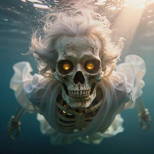 CGI image of a ghostly skeleton with glowing yellow eyes, underwater, surrounded by flowing white fabric, illuminated by sunlight.