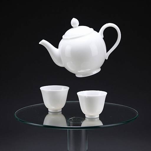 Photograph of a white, glowing teapot hovering above two white teacups on a transparent glass table, set against a black background.