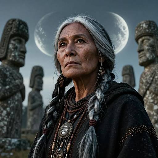 Photograph of an elderly Native American woman with long gray braided hair, wearing traditional black clothing, standing among Moai statues under a full moon.