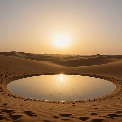 Photograph of a serene desert sunset with a circular oasis pool reflecting the sun's golden light, surrounded by gently rolling sand dunes.
