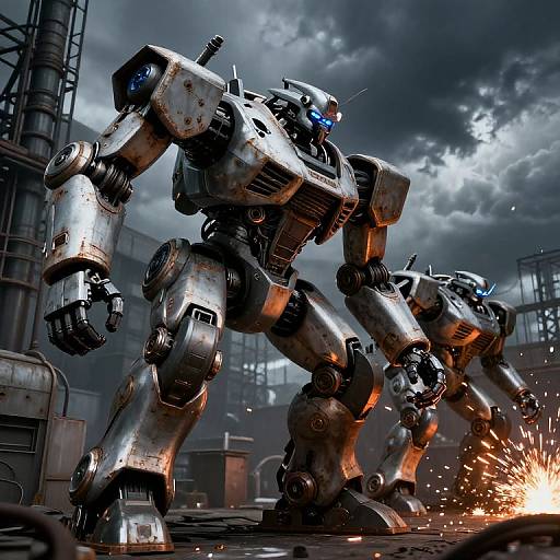 Photorealistic CGI of two rusted, metallic robots with glowing blue eyes, standing in a stormy industrial warehouse, sparking from one's foot.