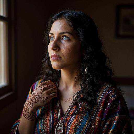 Photograph of a beautiful South Asian woman with long black hair, intricate henna on her hand, wearing a colorful, patterned traditional blouse, g