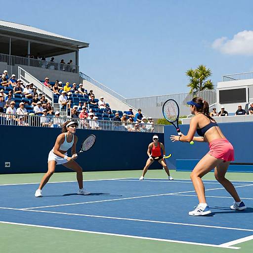 Photograph of an intense women's tennis match on a sunny court with a packed stadium, featuring two players in sporty outfits.
