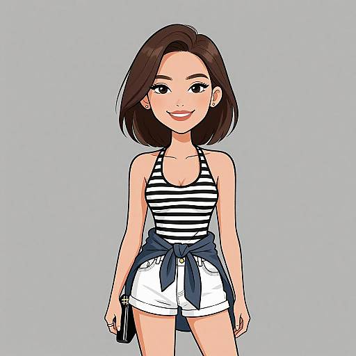 Digital illustration of a smiling Asian woman with shoulder-length brown hair, wearing a striped halter top, white shorts, and a blue jacket tied around her