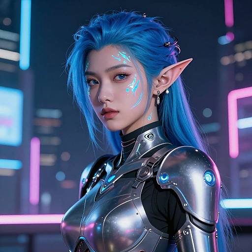 Digital artwork of a blue-haired, elven woman with glowing facial markings, wearing futuristic metallic armor, in a neon-lit cityscape.