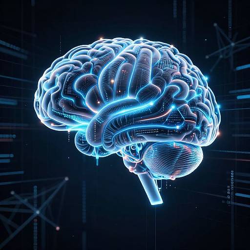 Neon blue, digitally-rendered human brain with glowing, wireframe-like structure against a dark, tech-themed background, showcasing intricate neural patterns and futuristic