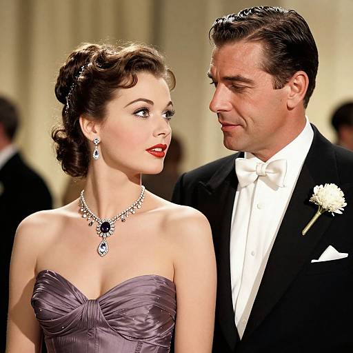 Photograph of a 1950s-style couple in formal attire; she wears a strapless purple gown, he in a black tuxedo,