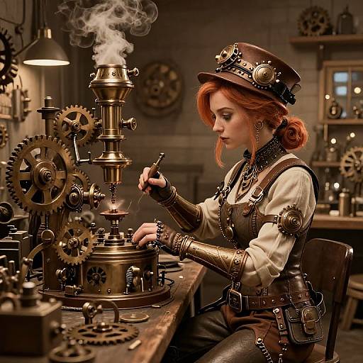Steampunk red-haired woman in goggles and leather, adjusting intricate brass gears with smoke rising, in a dimly-lit workshop. Digital art.