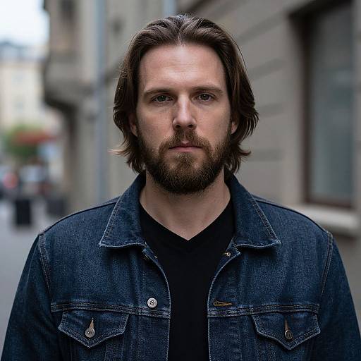 Photograph of a bearded, middle-aged white man with shoulder-length brown hair, wearing a dark denim jacket over a black shirt, standing in a