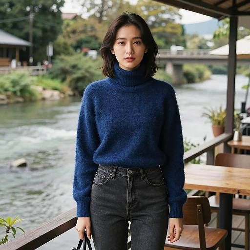 Woman in Blue Sweater by Riverside Cafe