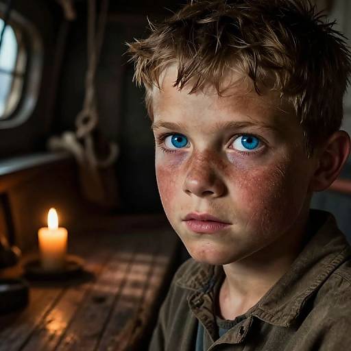 Photograph of a young boy with striking blue eyes, short brown hair, flushed cheeks, wearing a brown shirt, illuminated by a candle in a dim