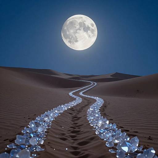 Photorealistic digital art of a glowing, moonlit desert path lined with sparkling, white crystals leading to a bright, full moon.