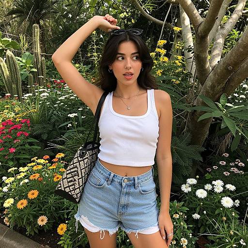 Photograph of a young woman with dark hair, wearing a white tank top and frayed denim shorts, standing in a vibrant garden with colorful flowers,