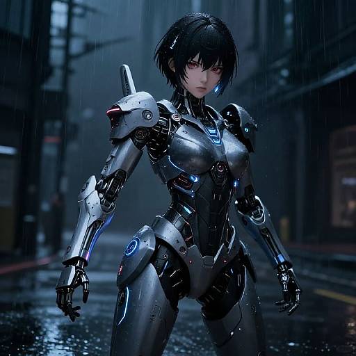 CGI image of a rainy city street featuring a futuristic, black and silver armored cyborg woman with short black hair, glowing blue accents, and intense