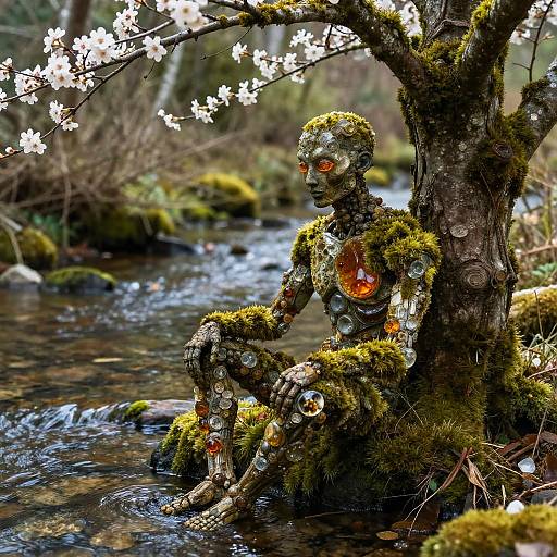 Photograph of a moss-covered, robotic figure with glowing red eyes, sitting by a forest stream under blossoming cherry tree.