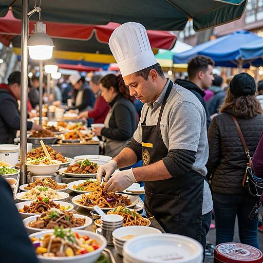 Photograph of a male Asian chef in white hat and black apron, serving diverse Asian dishes at a bustling outdoor market stall.