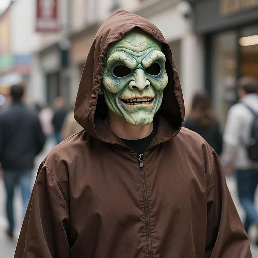 Person in Creepy Green Mask and Brown Hooded Robe