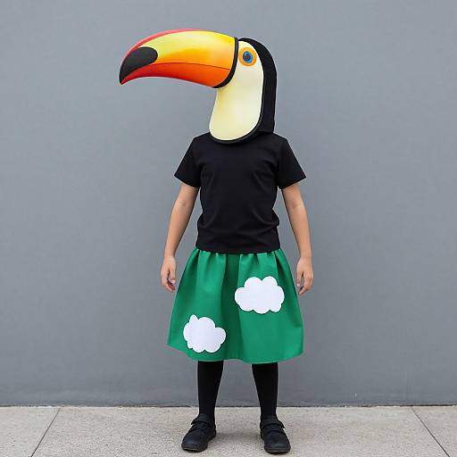 Photograph of a person wearing a black t-shirt, green skirt with white cloud patches, black leggings, and a colorful toucan mask. Gray background