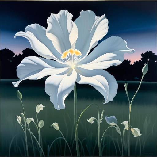 Renaissance-Style Painting of White Ghost Flower at Twilight