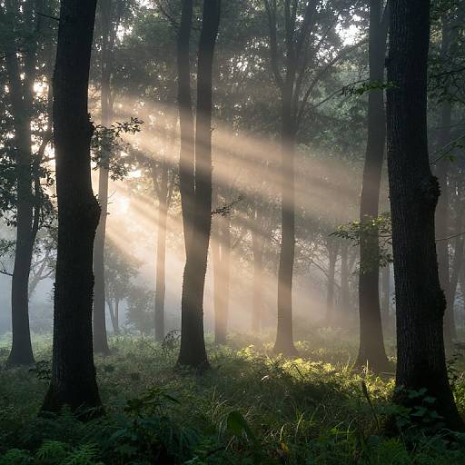 Photograph of a misty forest at sunrise, sunlight streaming through tall, dark tree trunks, illuminating green ferns and foliage.