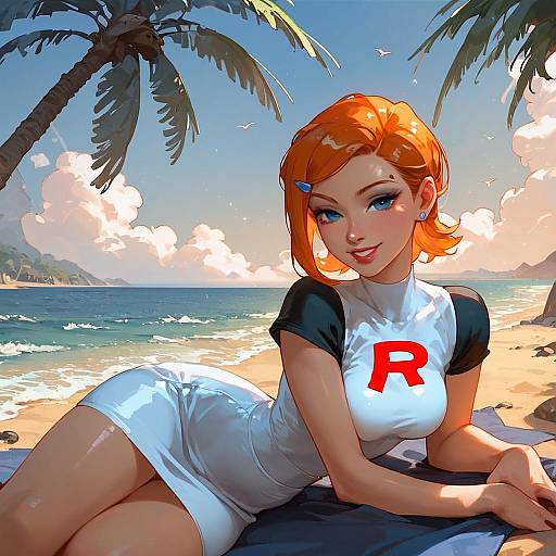 Anime Girl in Team Rocket Uniform on Beach