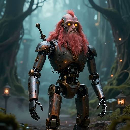 Digital artwork of a mechanical ape with red hair, glowing yellow eyes, and metallic joints, standing in a misty forest.