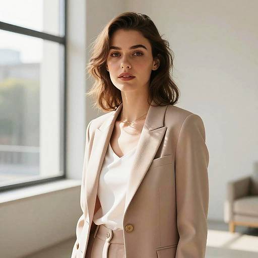 Photograph of a confident, brunette woman with wavy hair, wearing a light beige blazer over a white top, standing in a sunlit,