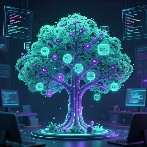 Digital art of a glowing, neon-blue tree with hexagon labels displaying 