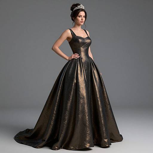 Photograph of a dark-haired woman in a black, shimmering, full-length gown with a fitted bodice and wide skirt, wearing a silver ti