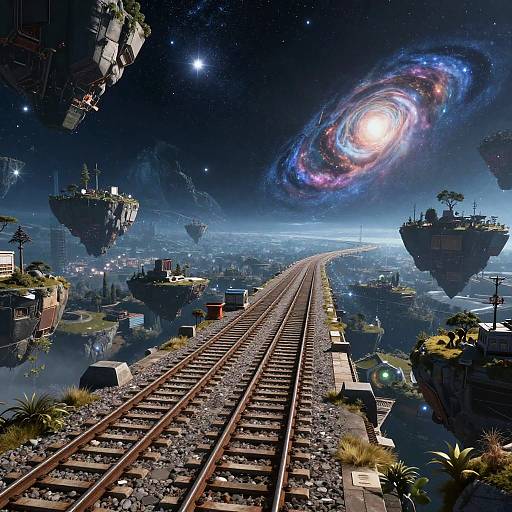 Digital art: Futuristic cityscape with floating islands, glowing spiral galaxy, and railway tracks leading into a starry night sky. Vibrant colors,