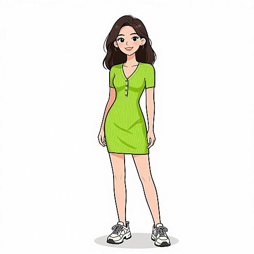 Digital anime-style drawing of a smiling woman with long black hair, wearing a bright green ribbed dress and white sneakers.