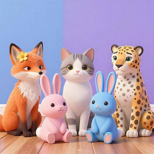 Five Anthropomorphic Animal Friends Sitting