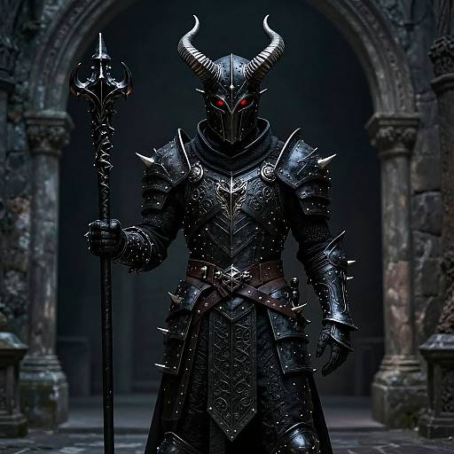 Dark, armored demon warrior with glowing red eyes, curved horns, and spiked armor, holding a spiked staff, stands in a dimly lit, ancient