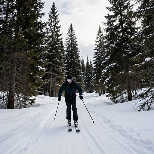 Athlete Skiing Through Snowy Forest