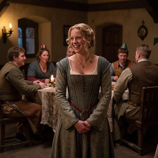 Medieval Woman Laughing in Candlelit Inn