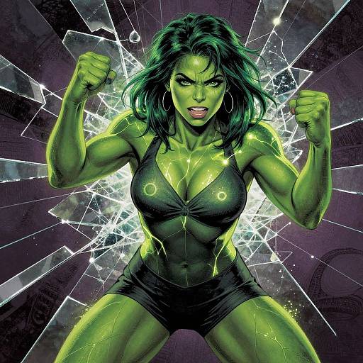 Digital comic art of muscular, green-skinned She-Hulk in a black, low-cut top and shorts, fists clenched, shattering glass background