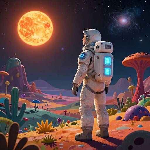 CGI image of an astronaut in white suit with illuminated backpack, standing on colorful alien landscape under orange sun and starry sky.