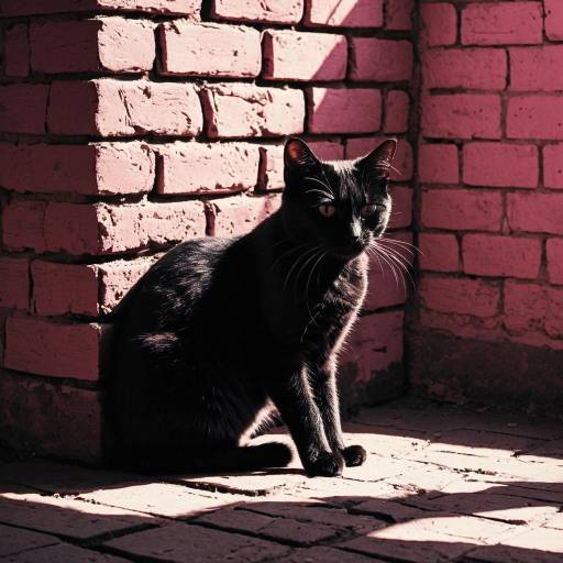 Black Cat Sitting by Pink Brick Wall